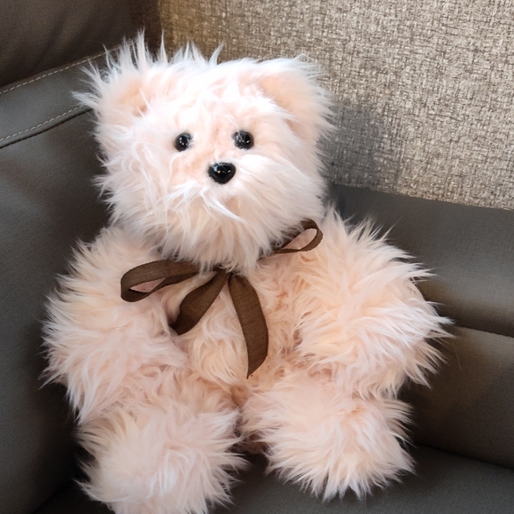 handsewn Other - Plush Pink Fluffy Teddy Bear with Brown Bow